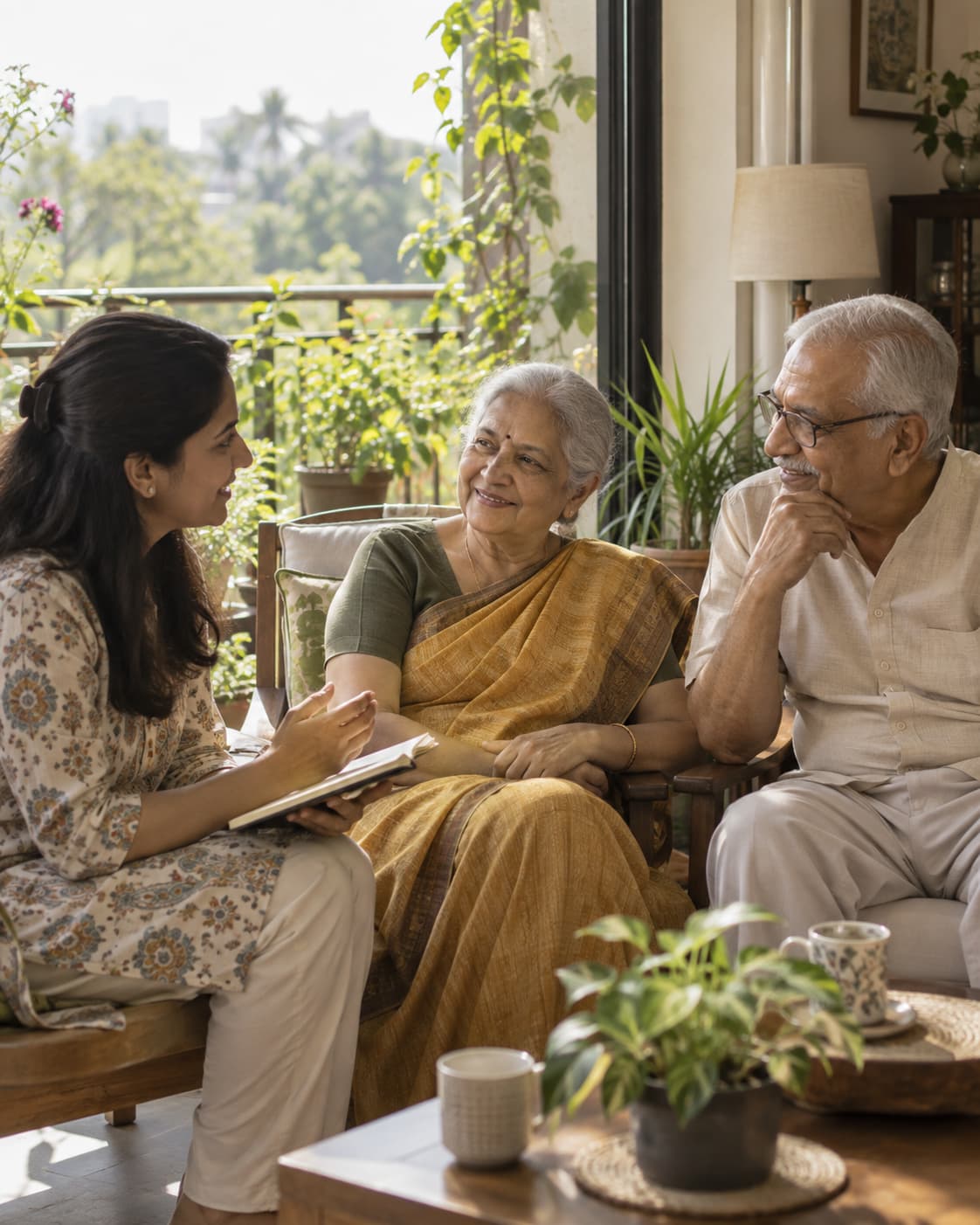 Illustrative scene of two older Indian adults talking comfortably with a younger woman holding a notebook in a sunlit home